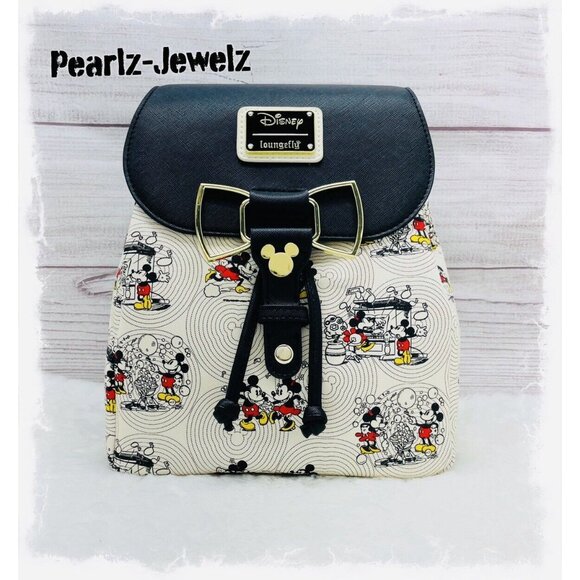 Loungefly Disney Mickey & Minnie Mouse Bow Hardware Mini Backpack Allover NWT